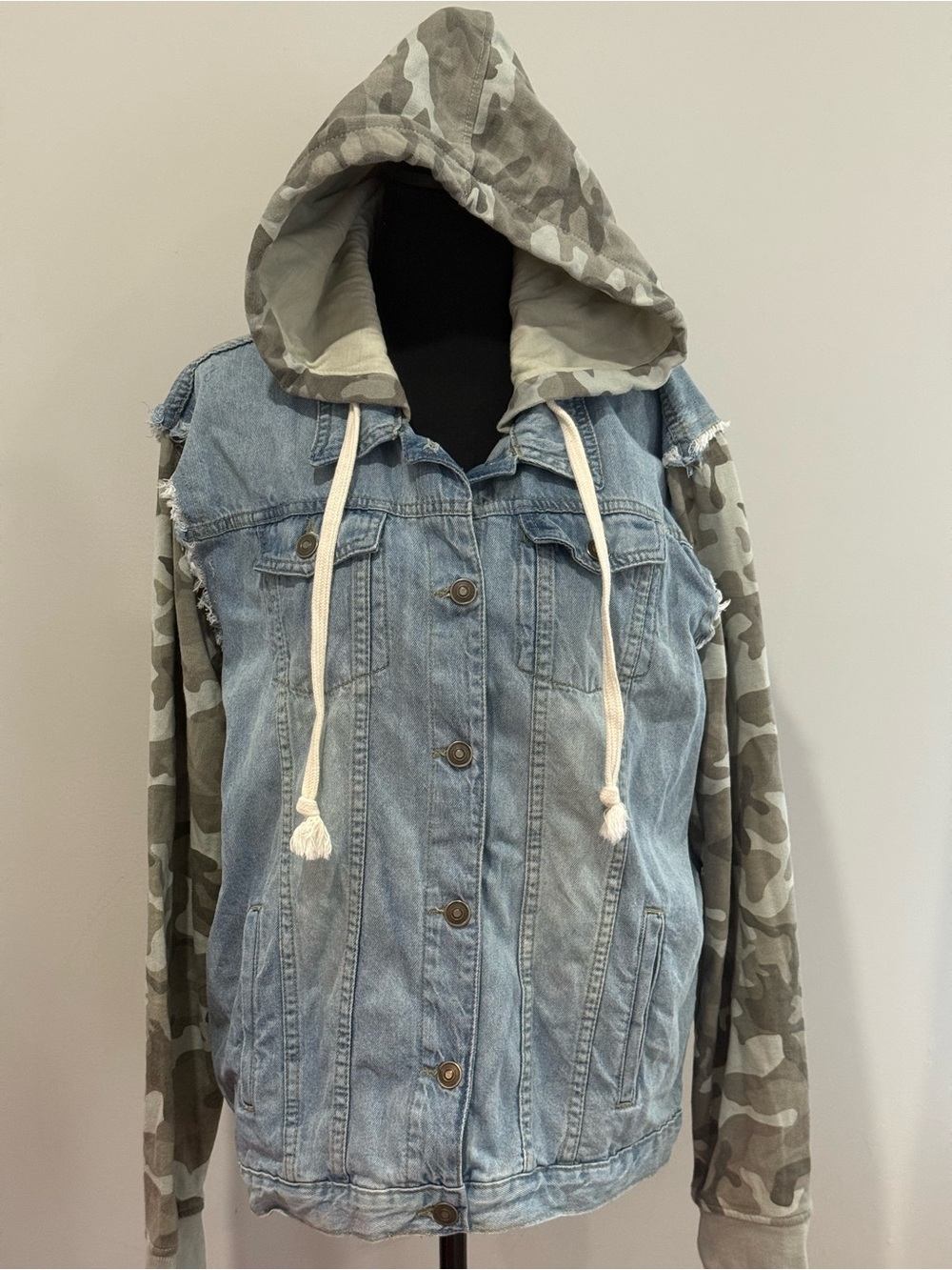Sew in Love XL Casual Denim Jacket with Camo Hood and Sleeves - Light Blue 243